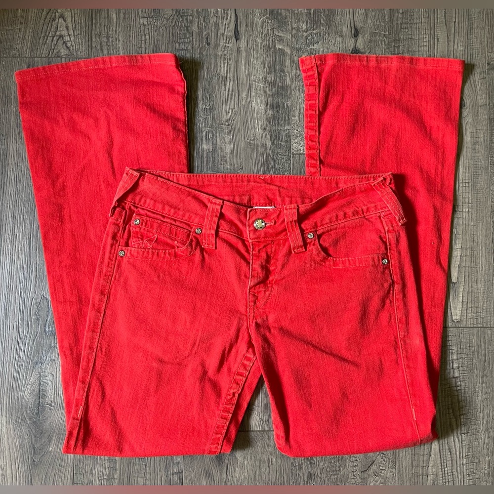 Early 2000s Y2K True Religion Red Jean Bell Bottoms, Made in the USA, Size 32